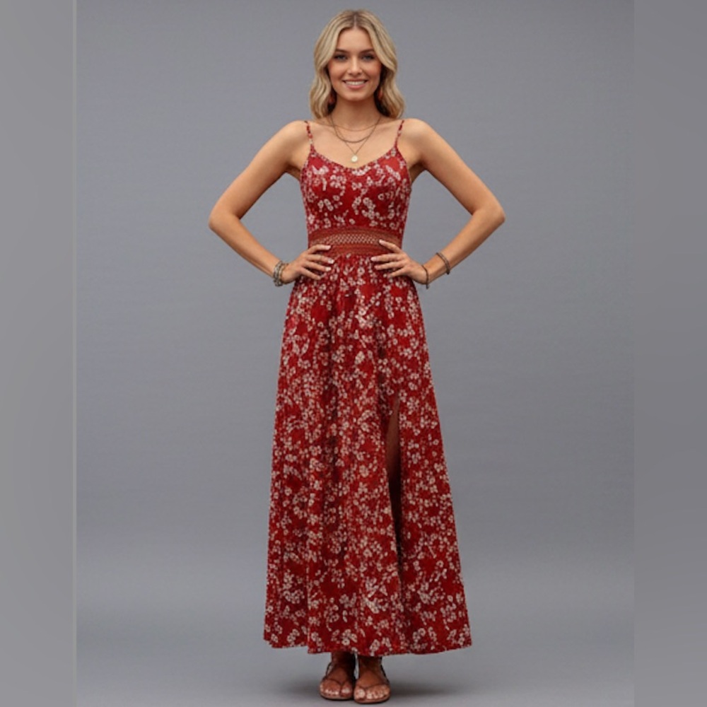 Ditsy Floral Waist Hollow Lace High Slit Dress Red